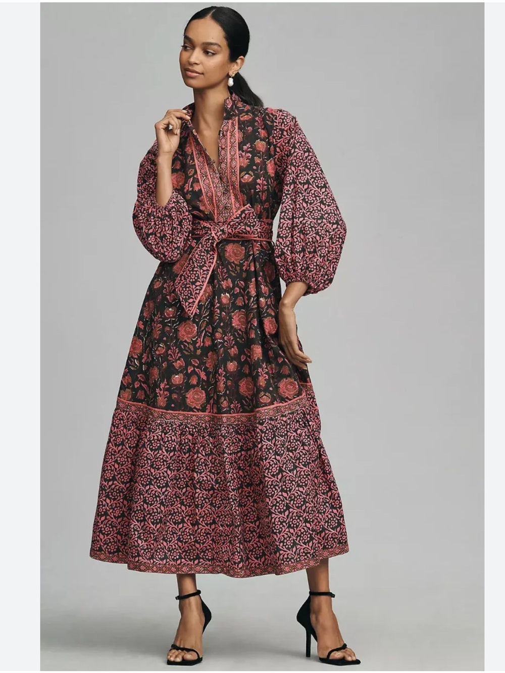 Sue Sartor Dress Athenee Maxi Flounce in Black Pink Floral